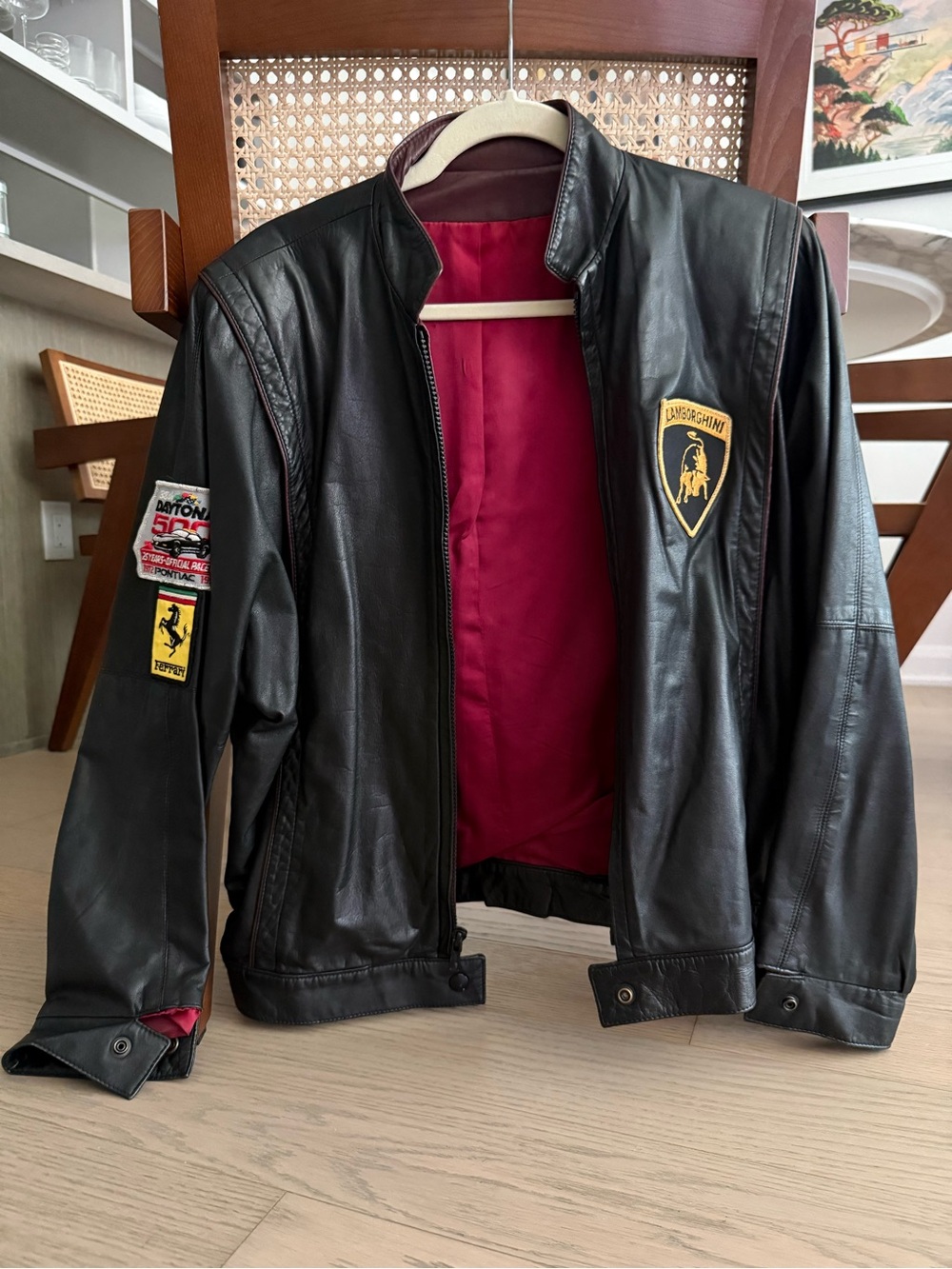 Vintage Lamborghini Black Leather Bomber Jacket with Red Lining